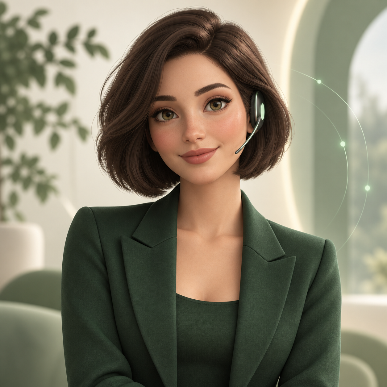 Illustration d’Ava, agente digitale au visage chaleureux avec un casque discret